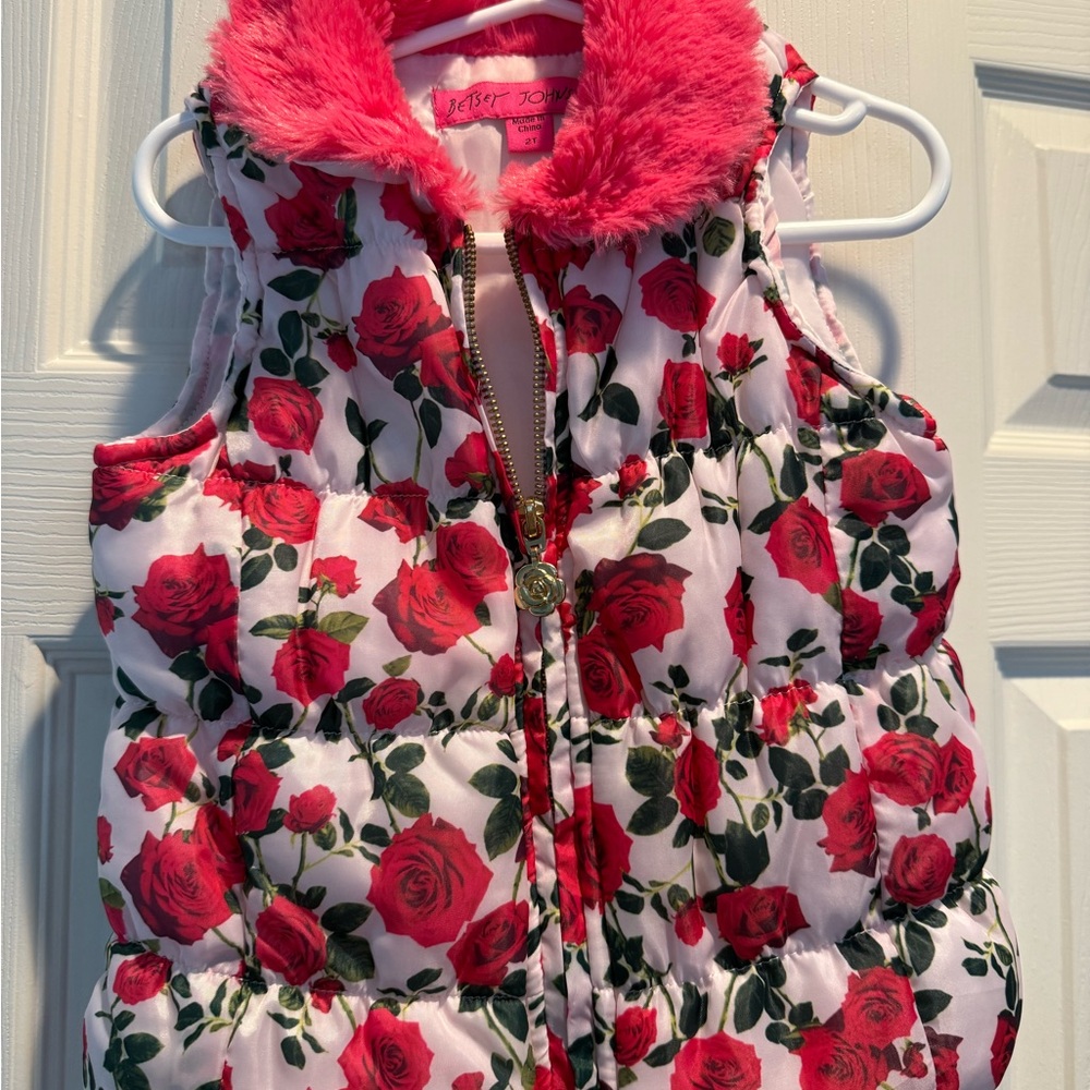 Betsy Johnson Floral Puffer Vest with Pink Fur Collar